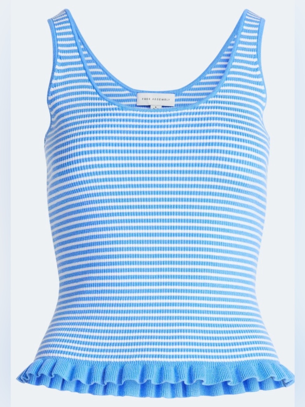 NWT Free Assembly Blue White Stripe Ruffle Hem Rib Knit Tank Top Women’s M